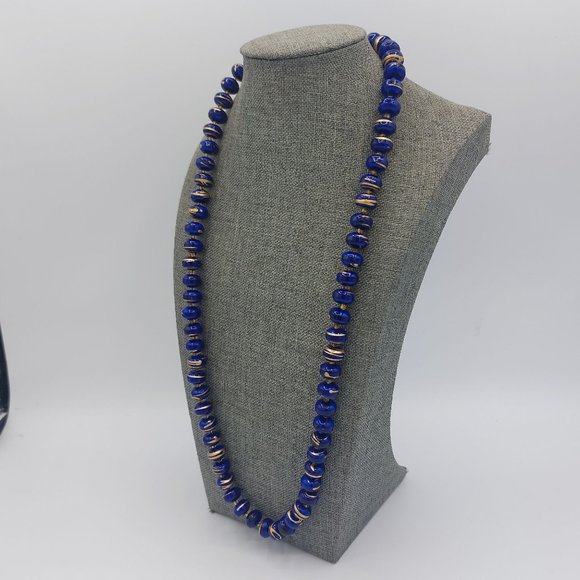 Necklace Blue Beads Gold Painted Random Striping Gold Toned Clasp 26" Single Str - Picture 2 of 5